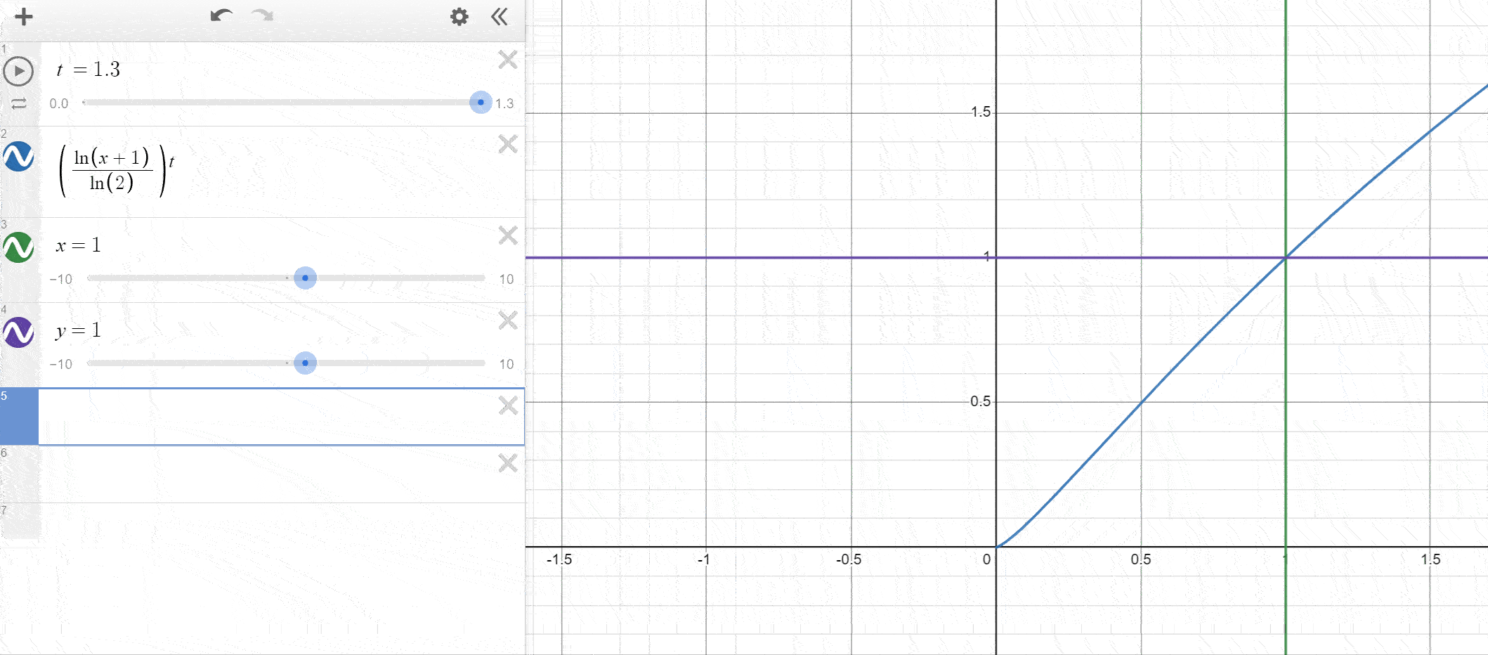 Desmos visualisation of modified log function with controlled power parameter
