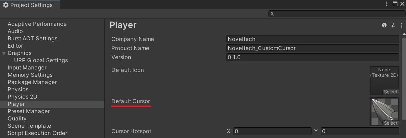 We can set a texture as a custom cursor through the Project Settings menu