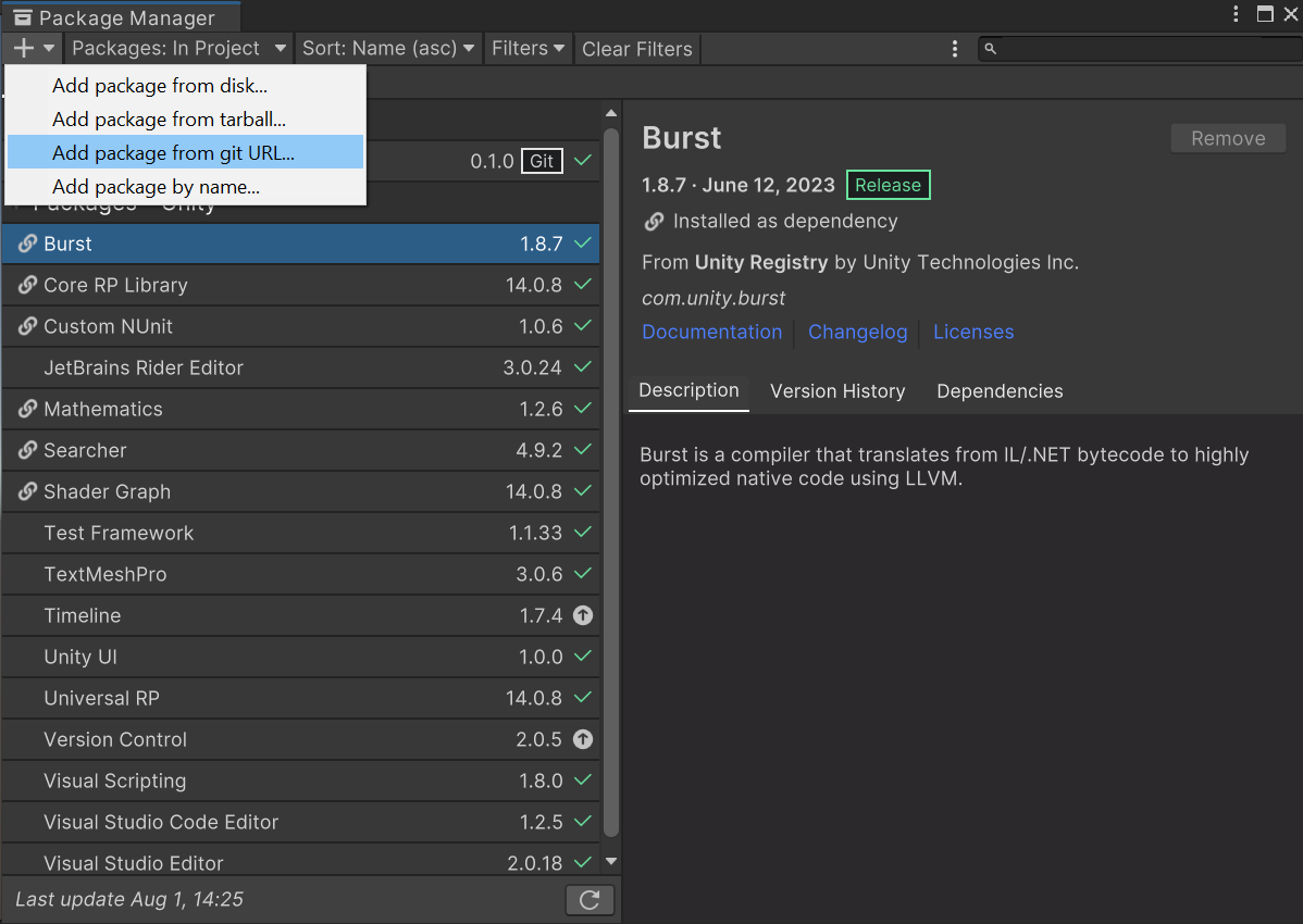 Adding a Unity package from a git repository using the Package Manager window
