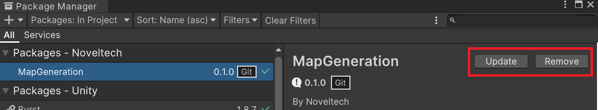 Updating or removing a Unity package from the Package Manager window